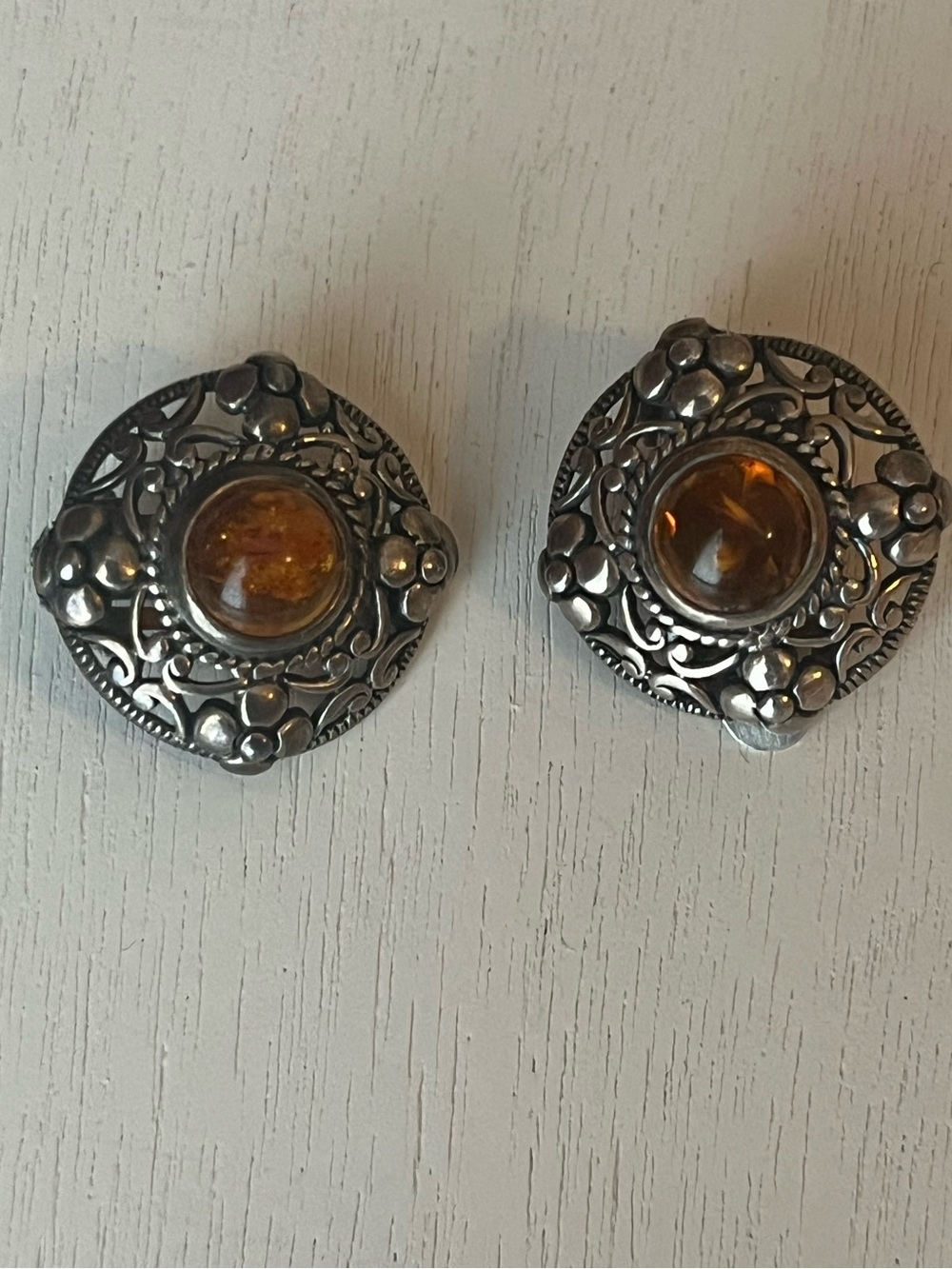 Sterling-Style Filigree Stud Earrings with Amber-Tone Cabochons